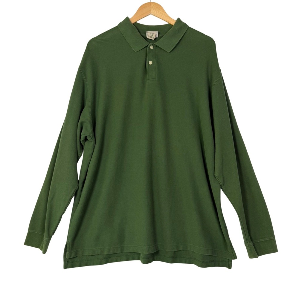 LL Bean Mens XL Regular Green Solid Long Sleeve‎ Polo Shirt Cotton Classic